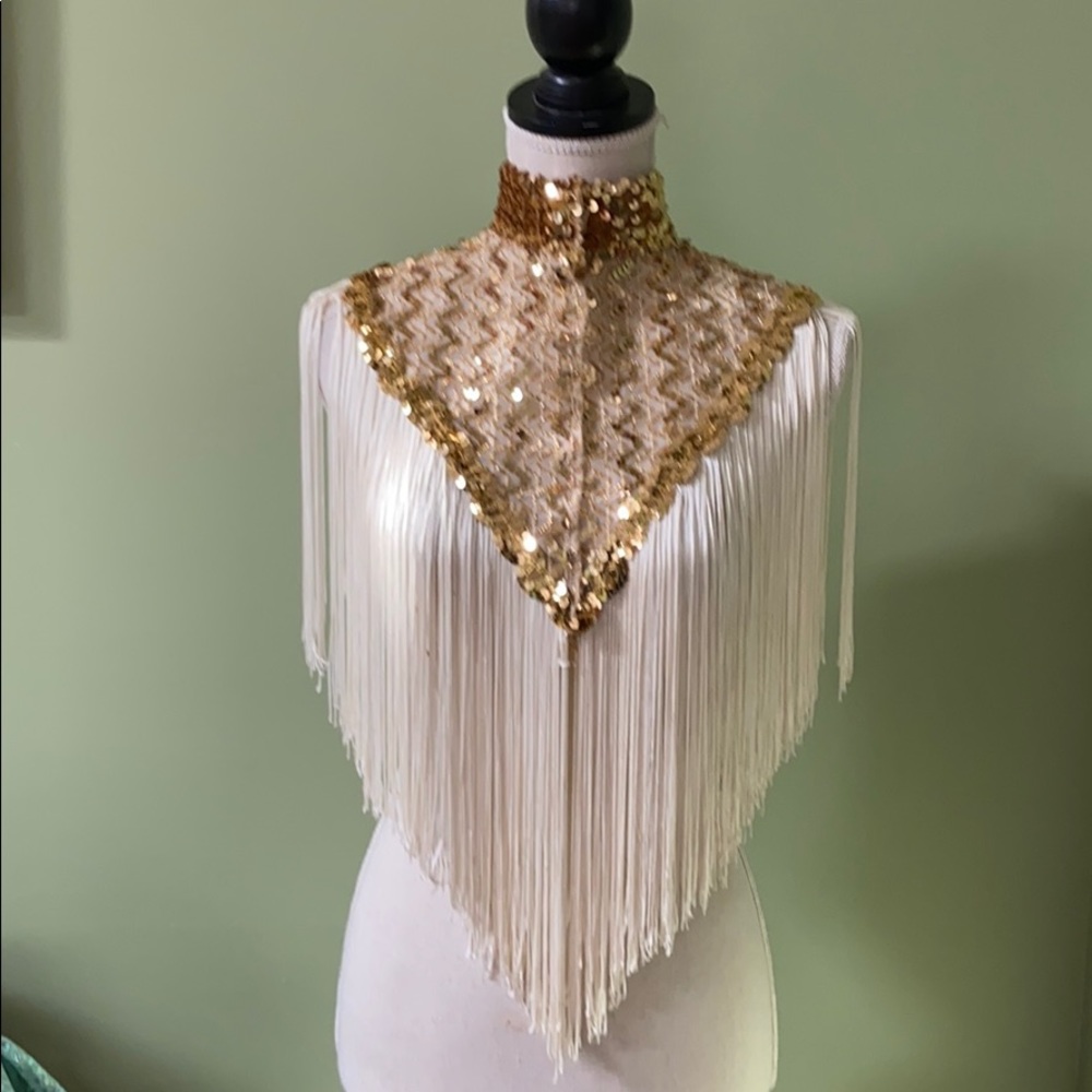 Gold Sequined Fringed Yoke or Cape Accessory.  Snap closure